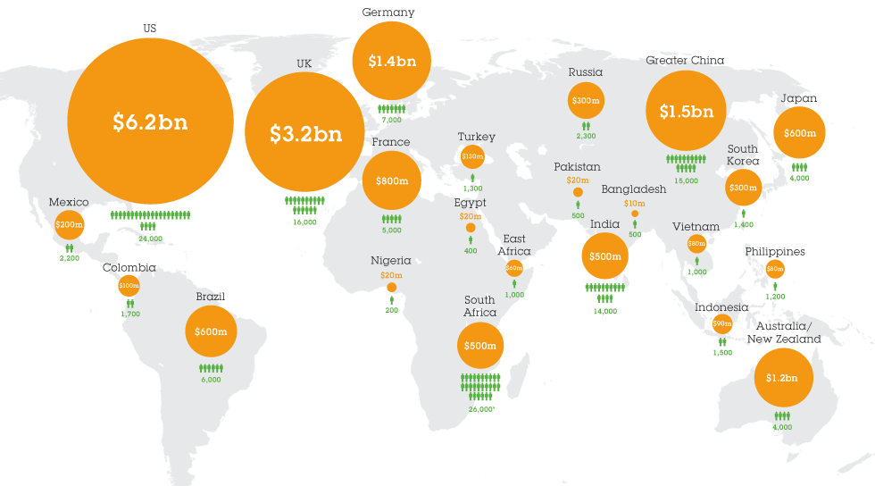 A map of the world with information showing the revenue and the number of professional employees in countries across the world. The data is available in the table below.
